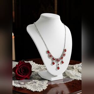 Gothic Art-Deco 12" Silver-toned Red Rhinestone & Bead Choker Style Necklace Mis
